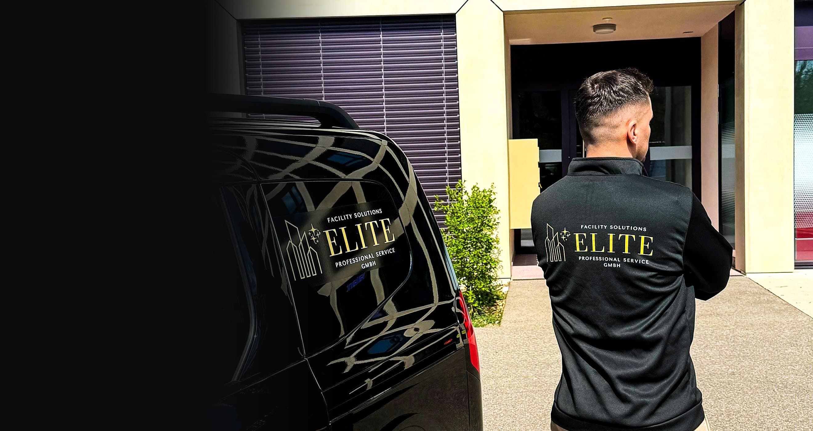 Mitarbeiter von Elite Professional Service mit Firmenfahrzeug vor einem Kundenobjekt